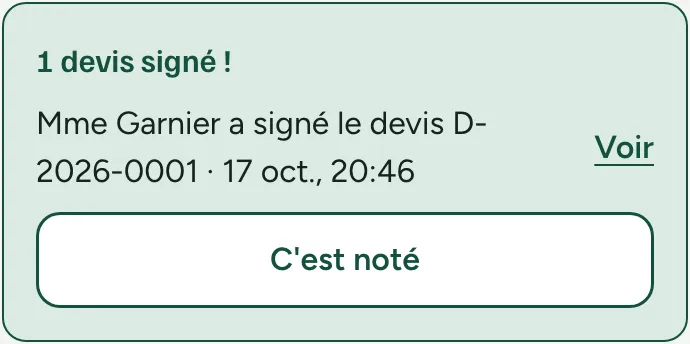Accueil de Clou : « 1 devis signé ! Mme Garnier a signé le devis D-2026-0001 »