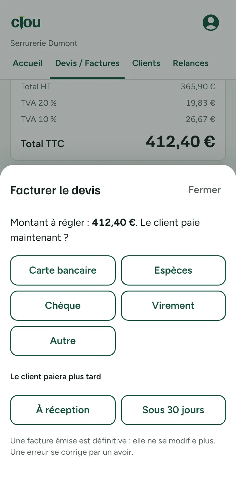 Facturer le devis : le client paie par carte, espèces, chèque ou virement, ou paiera plus tard