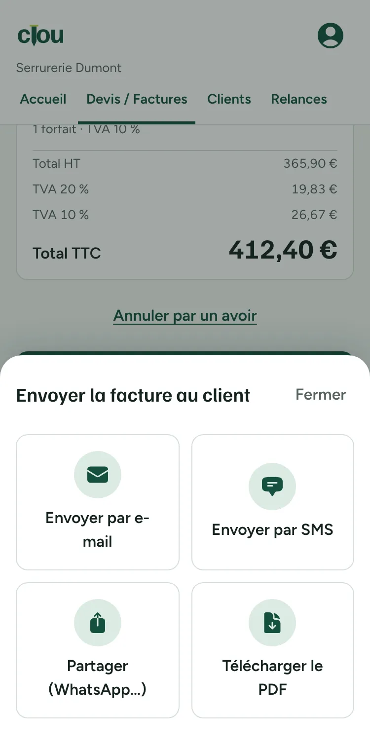Facture de 412,40 € prête à partir : par e-mail, par SMS, par le partage (WhatsApp) ou en PDF