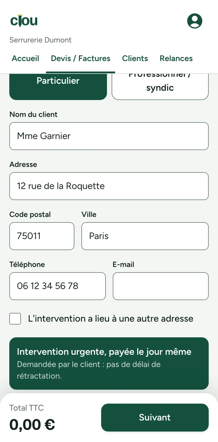 Nouveau devis : client Mme Garnier, 12 rue de la Roquette, 75011 Paris