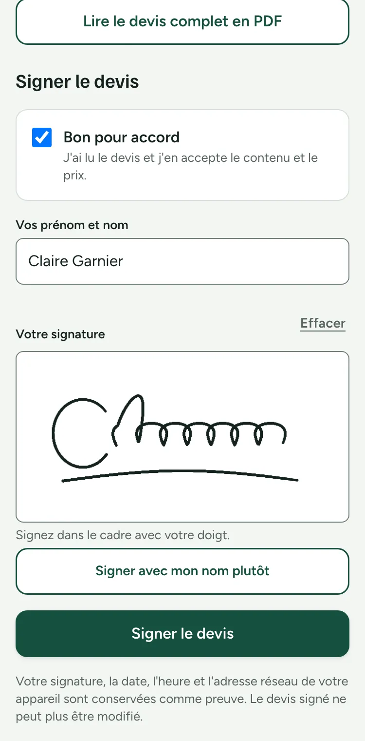 Signature du devis au doigt, avec « Bon pour accord » coché